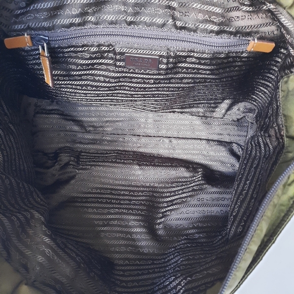 PRADA Vela Saffiano Leather Tessuto Tote Zip Green Enamel Triangle Logo Tan Bag - Picture 13 of 16